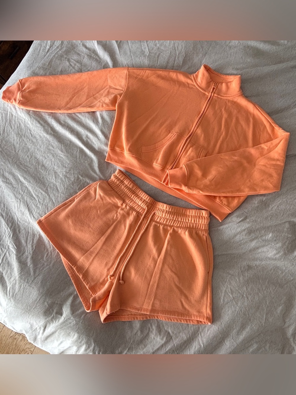 Loungewear Matching Set - Funnel Neck Zip Sweater & Shorts - Soft Muted Orange